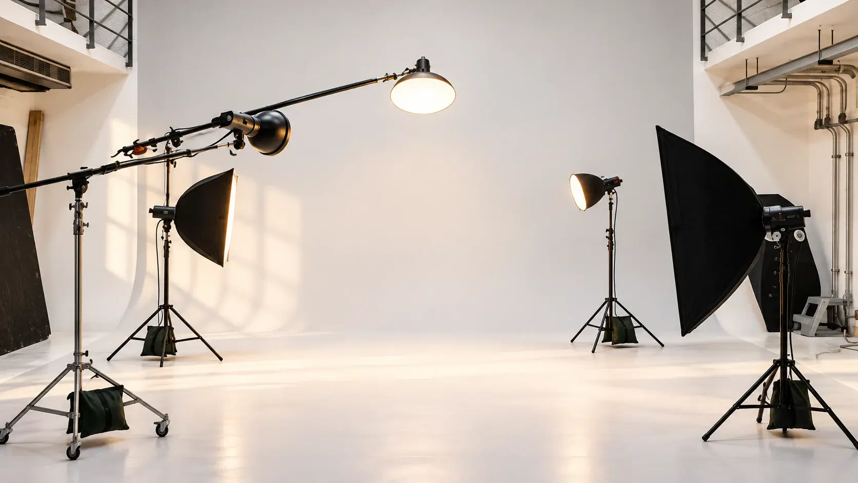 Professional PK Photography studio with a white cyclorama and organised studio lighting